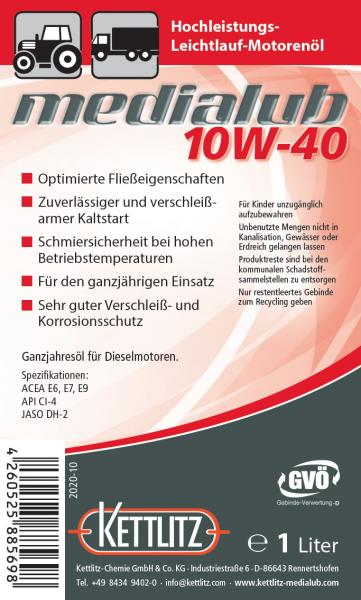 KETTLITZ-Medialub 10W-40 Hochleistungs-Leichtlauf Motorenöl API CI-4; ACEA, E6, E7, E9  - 1 Liter Gebinde